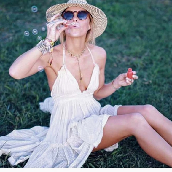 New Backless Halter Swiss Dot High Low Mini Dress - Picture 5 of 15